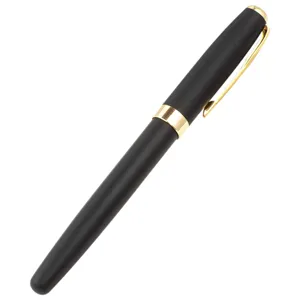 Premium metal business gel pen with matte black body and gold clip for office writing.