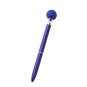 Blue metal ballpoint pen with sparkling rhinestone crystal sphere top for office gift.