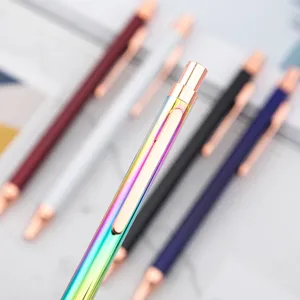 Iridescent metal retractable ballpoint pen with rose gold clip, smooth writing oily office stationery.