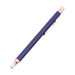 Metallic click ballpoint pen in dark blue with rose gold trim, main product view for office use.