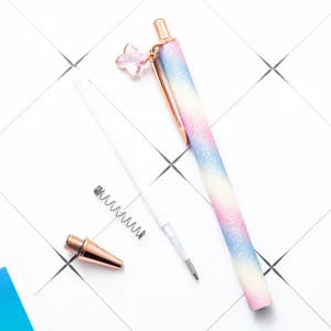 Glitter gradient ballpoint pen with four-leaf clover crystal pendant, fashion metal press pen.