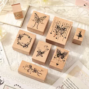 Wooden butterfly journal stamps set, vintage aesthetic decorative stamps for DIY scrapbooking.