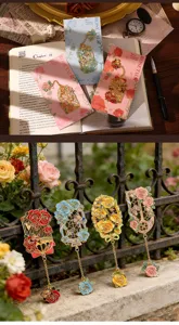 Ensemble de marque-pages rose en métal vintage avec chaîne, design floral creux pour livres.