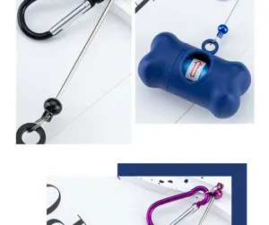 Bone-shaped pet waste bag dispenser with carabiner and retractable cord for dog walking outdoor.