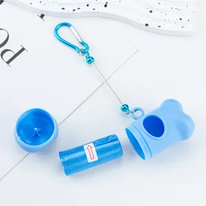 Bone-shaped dog poop bag dispenser with metal clip and trash bag roll for outdoor walking.