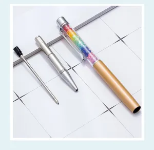 Detail view of the creative crystal ballpoint pen with colorful stones and metal refill part.