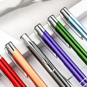 Colorful metal retractable ballpoint pens with aluminum barrels, smooth writing office supplies.