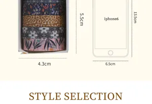 Tabella di confronto delle dimensioni del set di nastri washi decorativi con misure.
