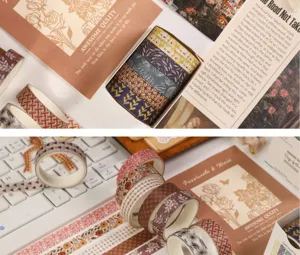 Vista dettagliata del set di nastro Washi botanico vintage, ideale per scrapbooking e decorazioni.