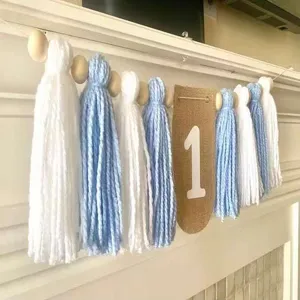 Ghirlanda compleanno 1 anno nappe blu bianco perle legno juta festa decorazione foto