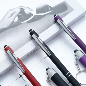 Multicolor capacitive touch ballpoint pen and mini flashlight gift set with metal clip.