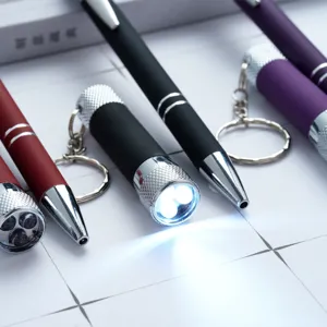 Multifunctional metal ballpoint pen with LED mini flashlight keychain set, multi-color.