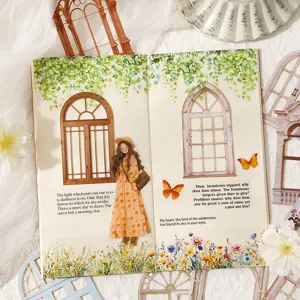 Carta per diario vintage con finestre retrò e motivi botanici per decorazione scrapbooking.