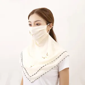 Sun protection face mask neck guard summer floral embroidery breathable veil detail shot