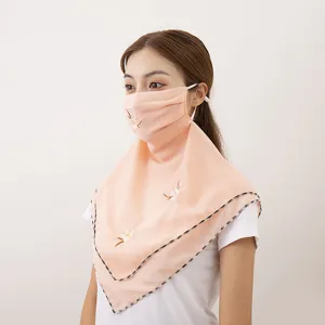 Close-up detail of the summer sun protection face mask with delicate floral embroidery and ear loops.