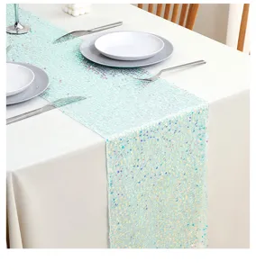 Light blue sequin table runner for wedding party banquet decoration, sparkling table decor.