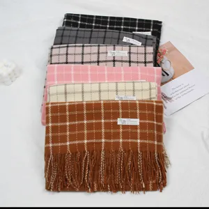 Women Winter Warm Thickened Plaid Scarf Retro Checkered Tassel Knitted Soft Cashmere Feel Long Scarf Winter Accessories