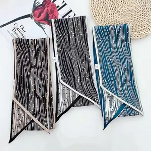 Women Fashion Printed Twilly Scarf Long Striped Neck Scarf Silk Feel Hair Band Bag Ribbon Accessory Versatile