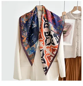 Detailed view of vintage printed square scarf draped on a white blazer, elegant style.