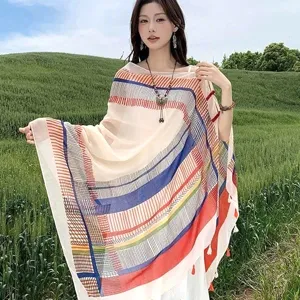 Ethnic style women vintage striped shawl outdoor sun protection cape elegant outerwear apparel