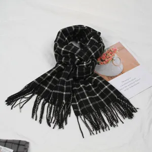 Black and white plaid winter scarf with fringe, soft warm cozy thick knitted women neck wrap.