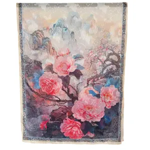 Elegant Chinese style imitation silk long scarf featuring traditional peony floral print.
