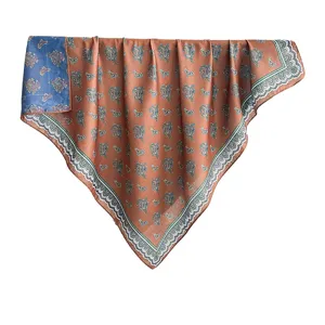 Retro paisley printed double-sided square scarf for women, elegant silk-feel fashion shawl.