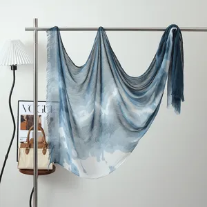 Blue and white ink painting modal shawl scarf with fringe, elegant draped display design.