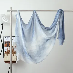Blue and white ink wash modal cotton long scarf shawl with fringe for women daily wear.
