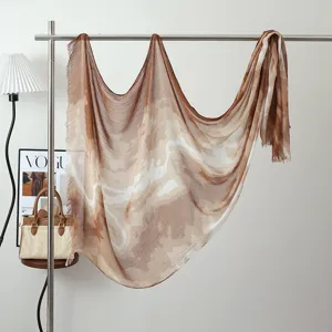 Brown ink painting modal rayon shawl ethnic scarf for women, soft drape design with fringe.