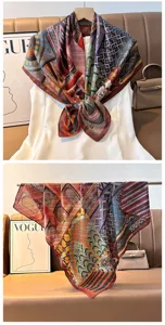 Retro geometric print square silk scarf for women, elegant vintage shawl accessory for daily wear.