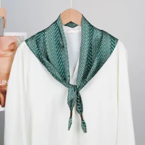 Elegant green silk scarf with stylish white wheat pattern, perfect for spring and autumn.