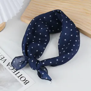 Navy blue cotton linen polka dot square scarf, versatile spring and summer neckerchief.