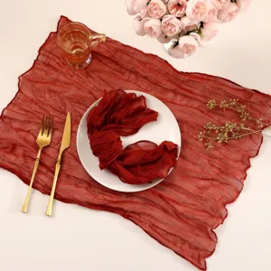 European style red cheesecloth table runner sheer gauze wedding party table decor fabric.