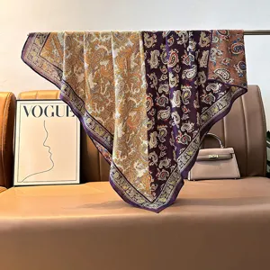 Retro paisley print square scarf, luxury velvet double-sided shawl for women's stylish wear.