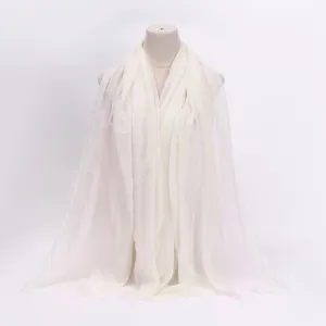 White cotton linen wrinkled scarf with fringed edges, lightweight gauze headscarf for women.