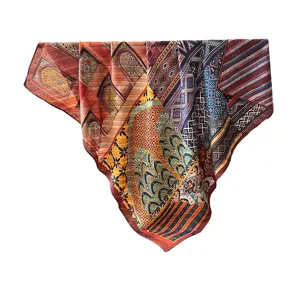 Retro printed square scarf, vintage architectural pattern silk-feel shawl for women daily wear.