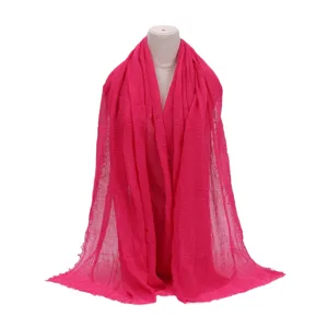 Solid color crinkled cotton linen scarf, soft breathable hijab shawl with raw edges.