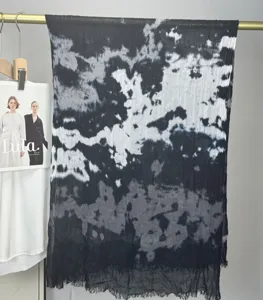 Black and white tie dye modal cotton scarf, stylish watercolor marble print headscarf.