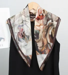 Foulard carré floral style peinture à l'huile romantique, écharpe vintage velours coton chaud