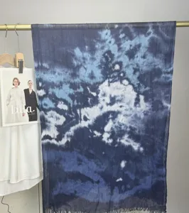 Stylish dark blue modal tie dye scarf bohemian watercolor marble print fashion hijab shawl