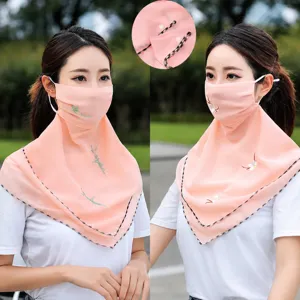Women Summer Sun Protection Face Veil Chiffon Floral Embroidered Dustproof Ear Hanging Neck Cover Breathable Outdoor Scarf