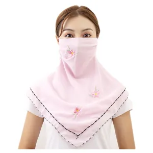 Women sun protection face mask UV block neck cover floral embroidered breathable veil