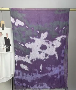 Modal cotton printed scarf with bohemian watercolor marble design, purple tie dye fashion.