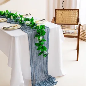 Crinkle gauze table runner with artificial rose leaves for wedding party decoration home