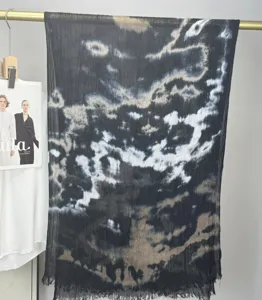 Black and grey tie-dye modal cotton scarf, stylish watercolor marble print shawl.