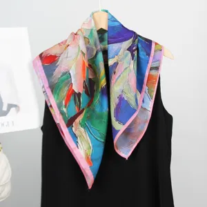Foulard carré en coton et soie double face style peinture à l'huile artistique pour femme