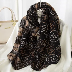 Women winter pleated scarf fashion checkered pattern vintage wrap shawl black brown warm