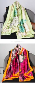 Écharpe châle en soie à fleurs élégante pour femmes, long foulard de luxe pour le printemps.