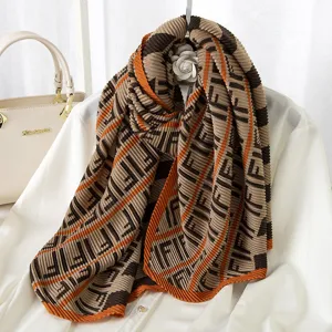 Women winter pleated printed scarf shawl detail view, stylish fashion casual daily warm accessory.